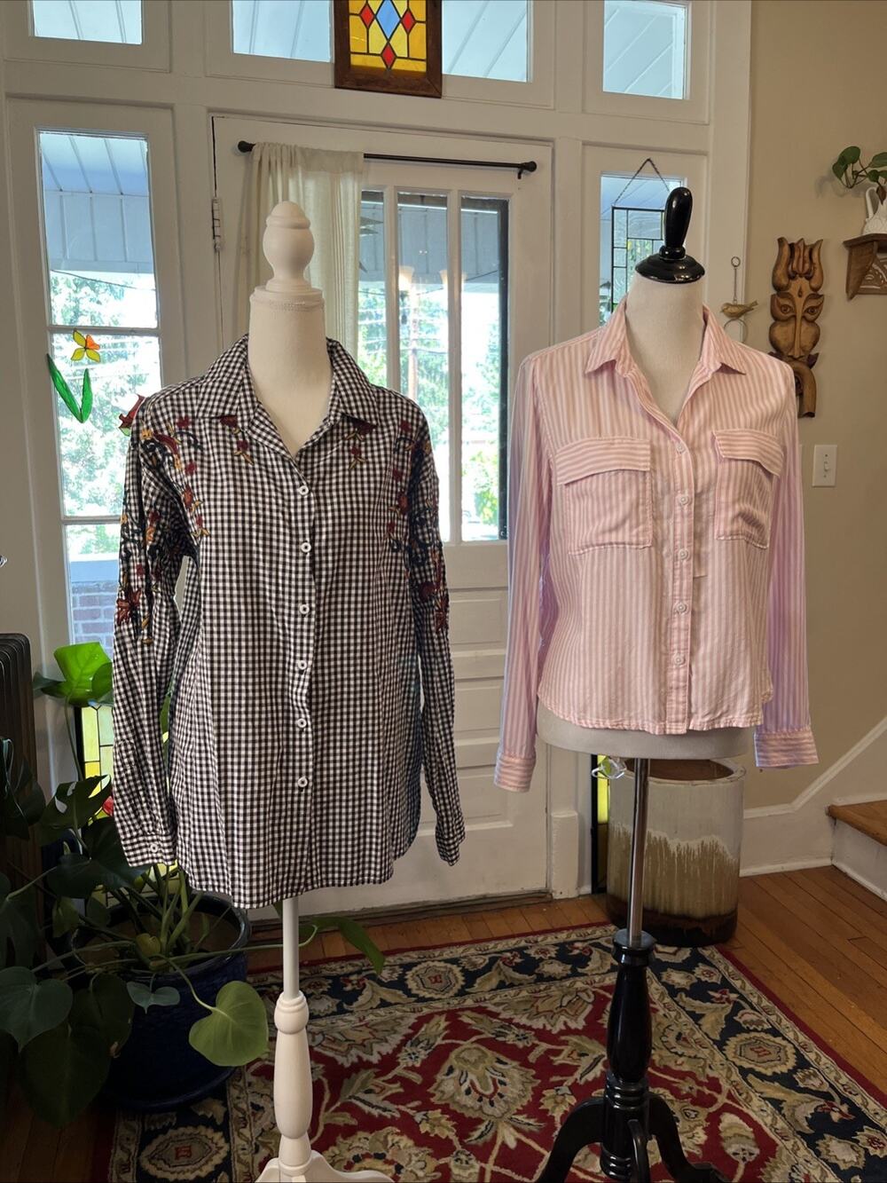 Beach Lunch Lounge M Shirt LOT Embroidered Floral‎ Gingham Pink Plaid Button Top
